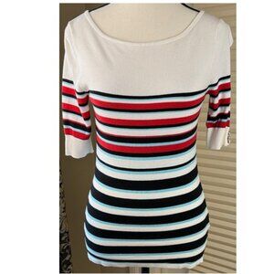 Le Chateau Top Size M Striped Stretch Knit Keyhole Back Fitted Short Sleeve